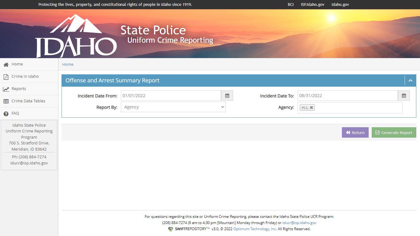 Offense and Arrest Summary Report - Idaho